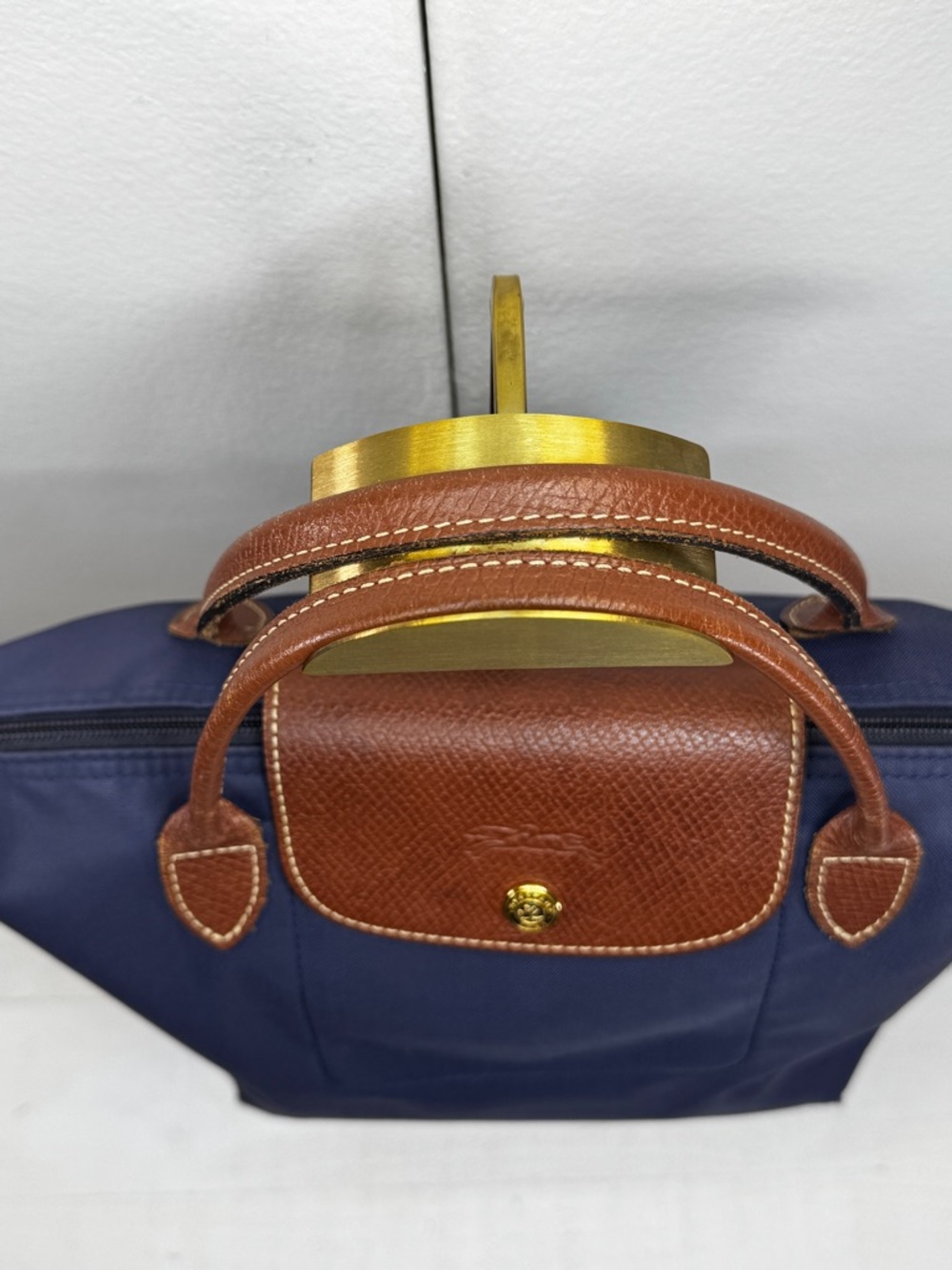 Longchamp Le Pliage Small Navy Nylon Tote Brown Leather Handles Authentic - Picture 4 of 14